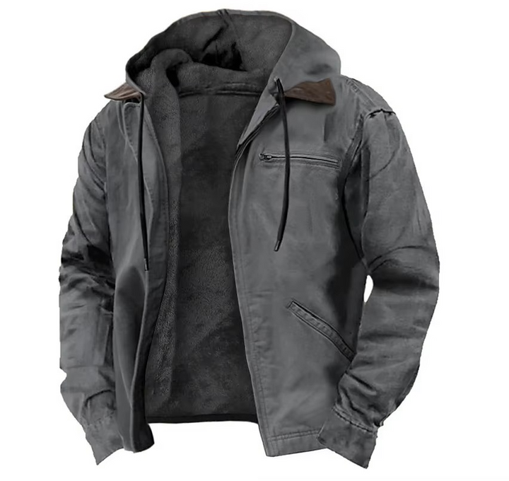 Comfortable men's warm full zip jacket, a hooded winter coat with practical zipper pockets for cold weather.