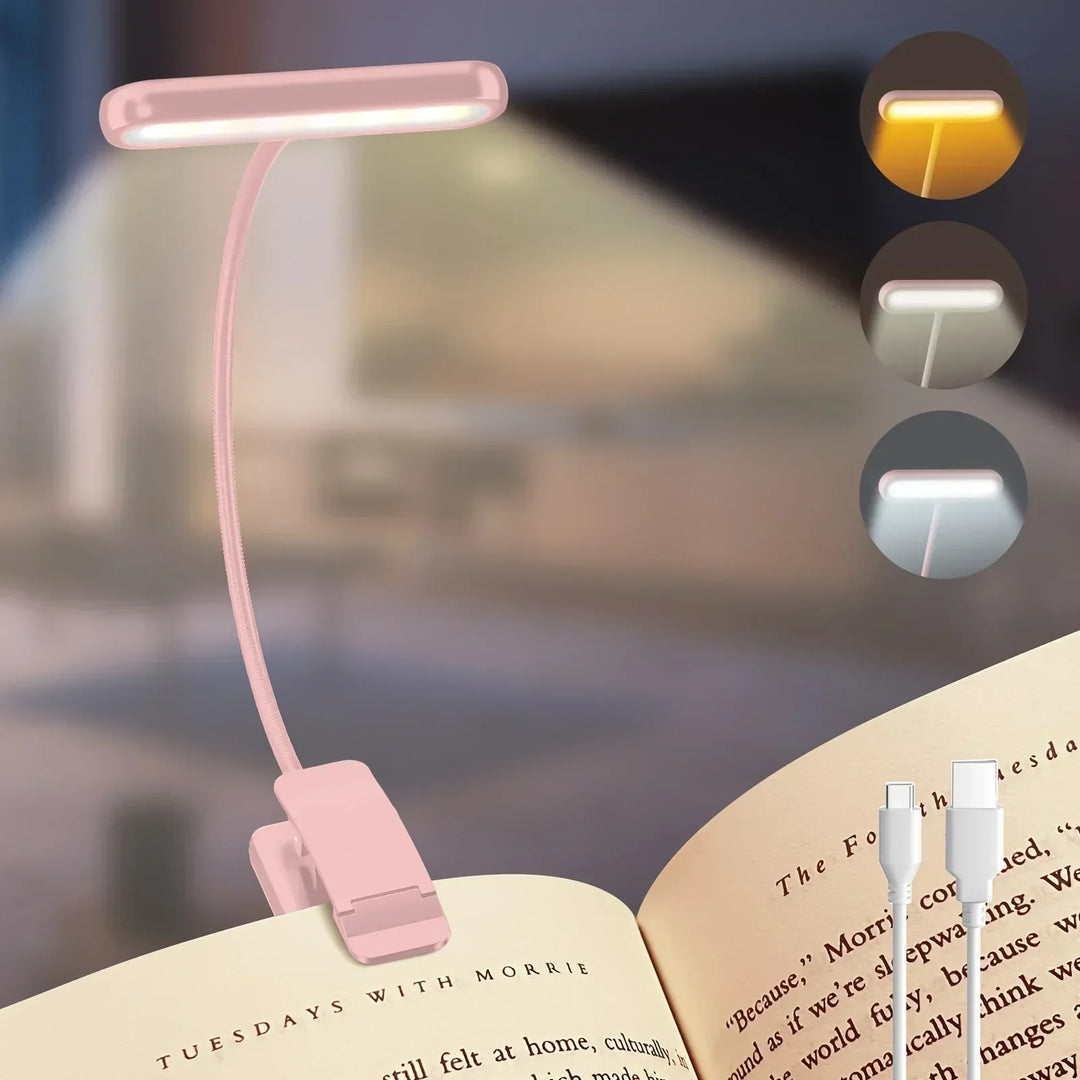 Dimmable eye-care LED book light, flexible clip-on design, USB rechargeable for comfortable reading.