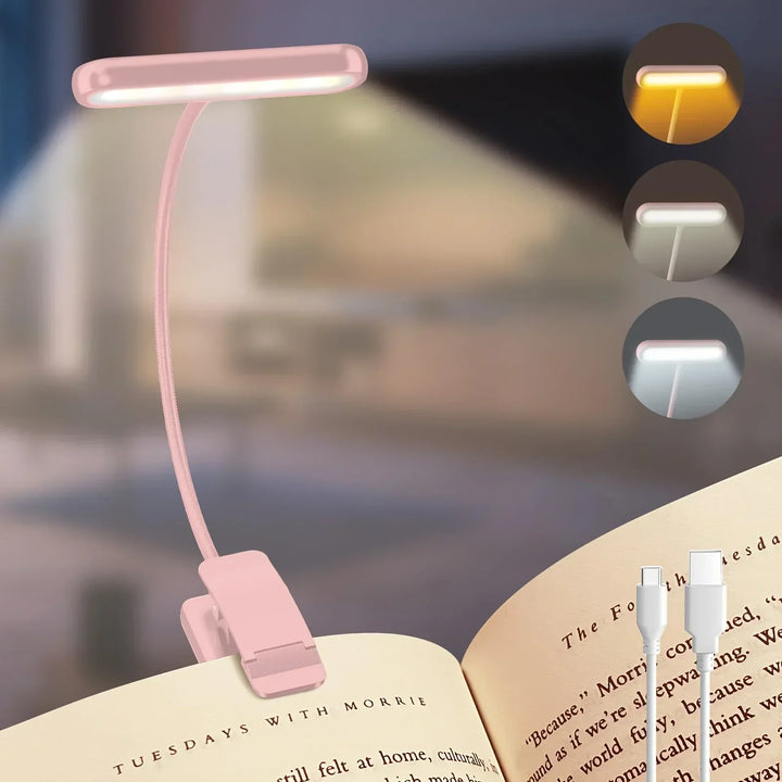 Dimmable eye-care LED book light, flexible clip-on design, USB rechargeable for comfortable reading.