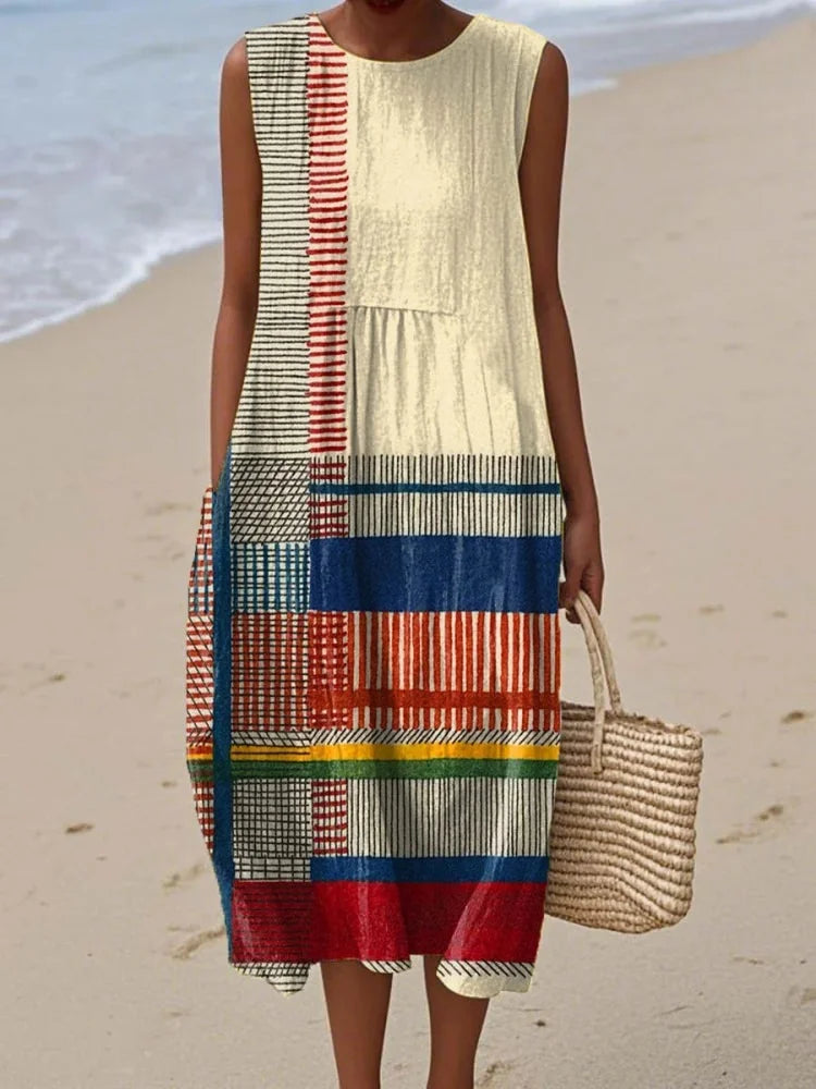 Elegant women's midi dress with unique art print. Sleeveless & flowy, offering a chic, modern, and versatile style.