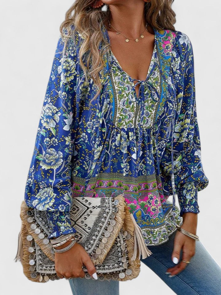 Women's Boho V-Neck Lace-Up Blouse