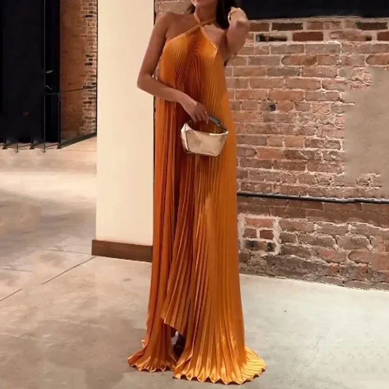 Women's Pleated Halter Neck Maxi Dress