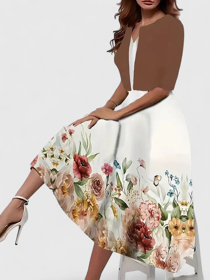Women's Floral Midi Dress & Cropped Jacket Set