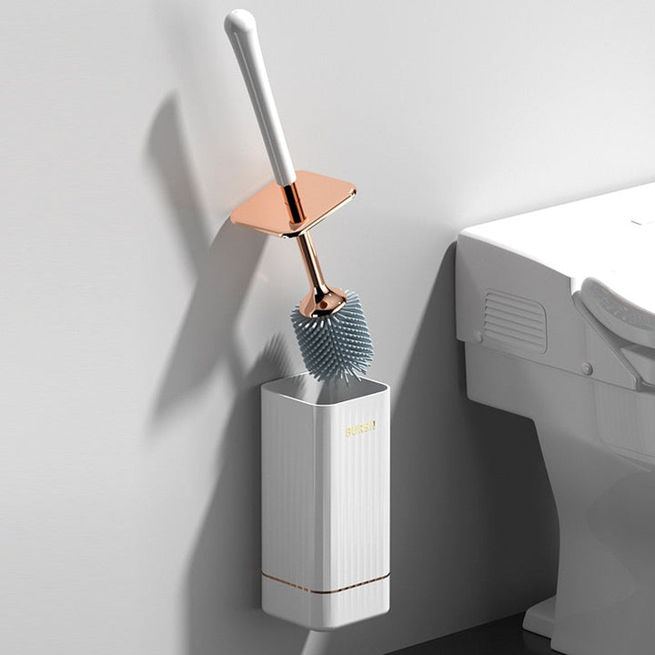 Modern wall-mount toilet brush holder in matte black, perfect bathroom accessory for clean floors.