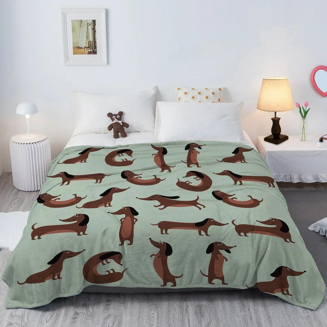 Cozy light green dachshund fleece throw blanket, soft flannel for sofa or bed. Perfect dog lover gift.