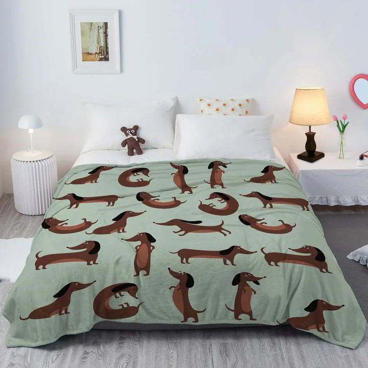 Cozy light green dachshund fleece throw blanket, soft flannel for sofa or bed. Perfect dog lover gift.