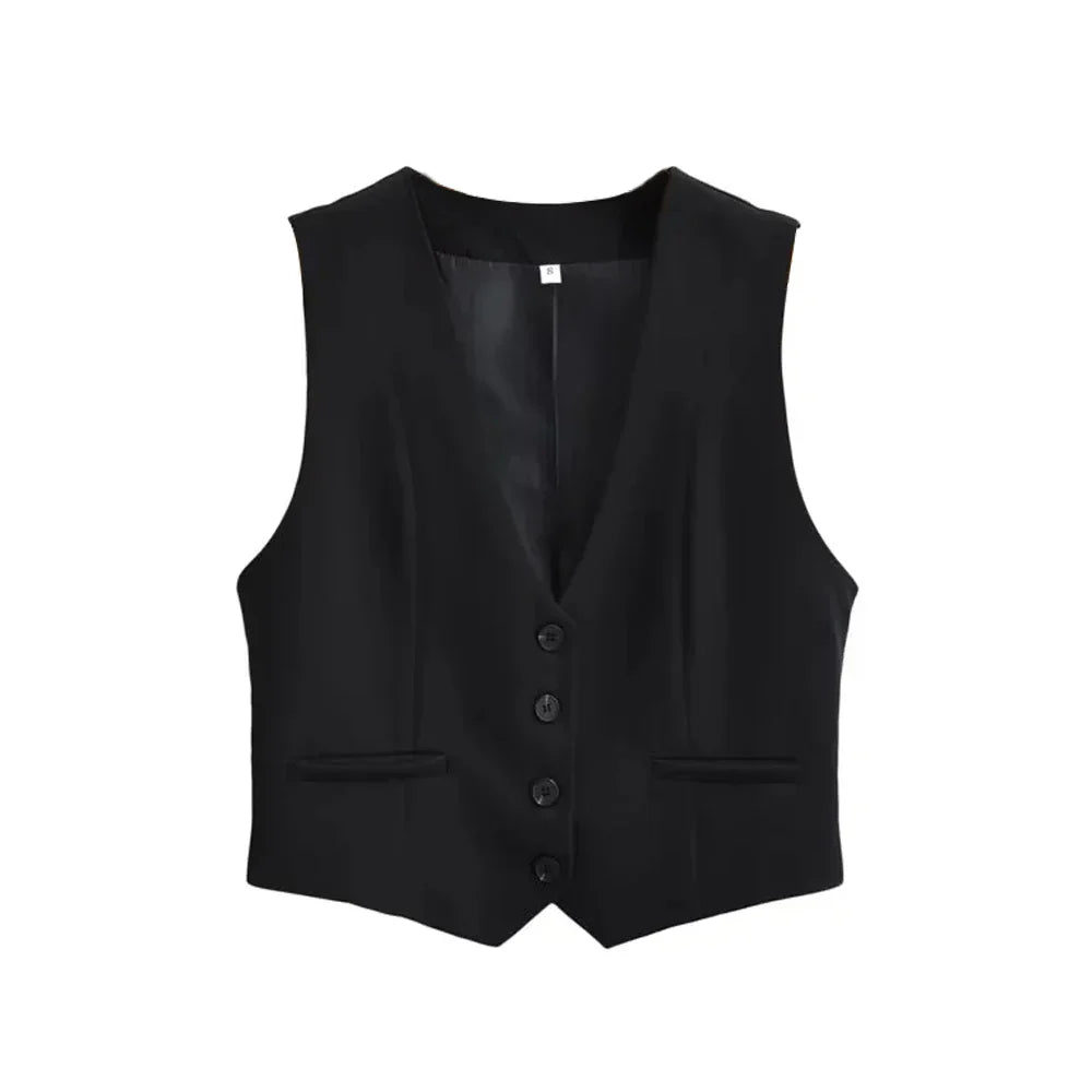 Modern women's tailored vest with a sleek design, ideal for versatile apparel & effortless style.