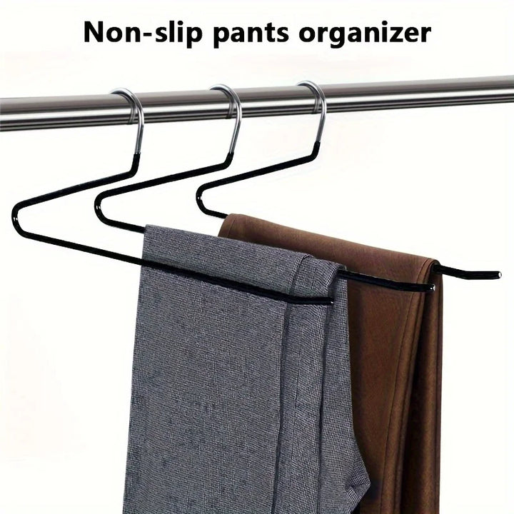 Easy-access open trouser hangers. Durable metal design for pants, skirts & trousers. Space-saving closet solution.