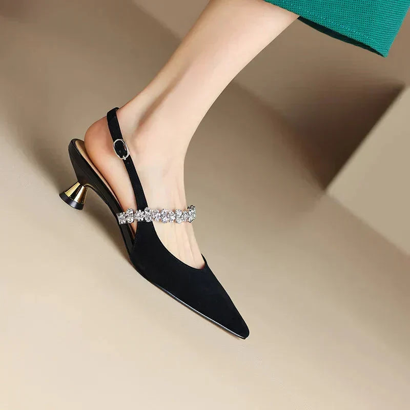 Dazzling crystal slingback pointed pumps, women's low heel dress shoes, perfect for special occasions.