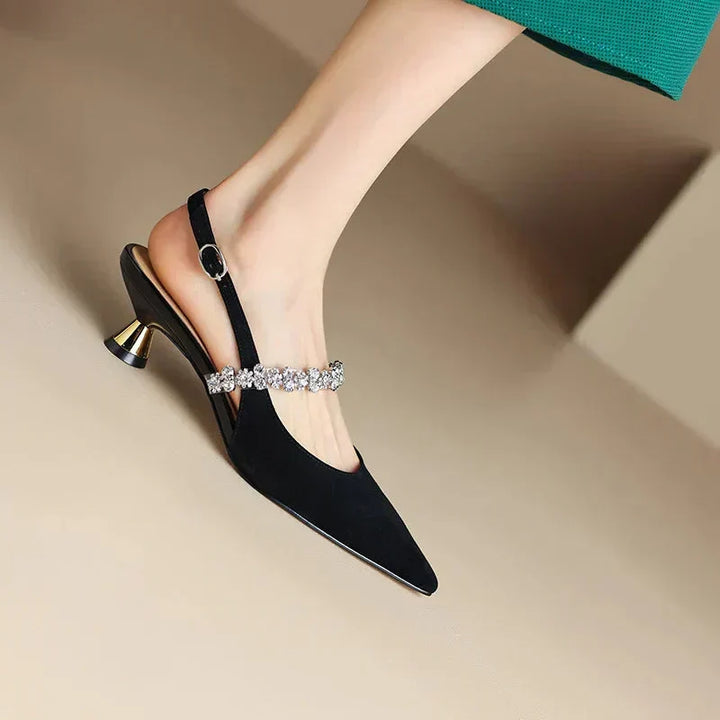 Dazzling crystal slingback pointed pumps, women's low heel dress shoes, perfect for special occasions.