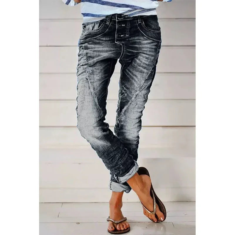 Women's comfortable straight leg stretch pants for everyday wear. Versatile pull-on design with a relaxed, flattering fit.