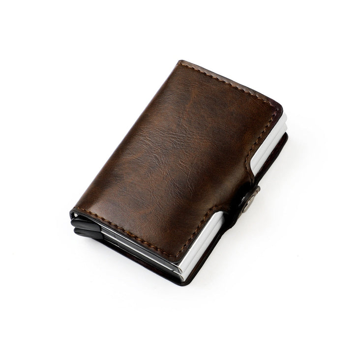 Stylish men's RFID anti-theft wallet, aluminum finish, with dual pop-up card access.