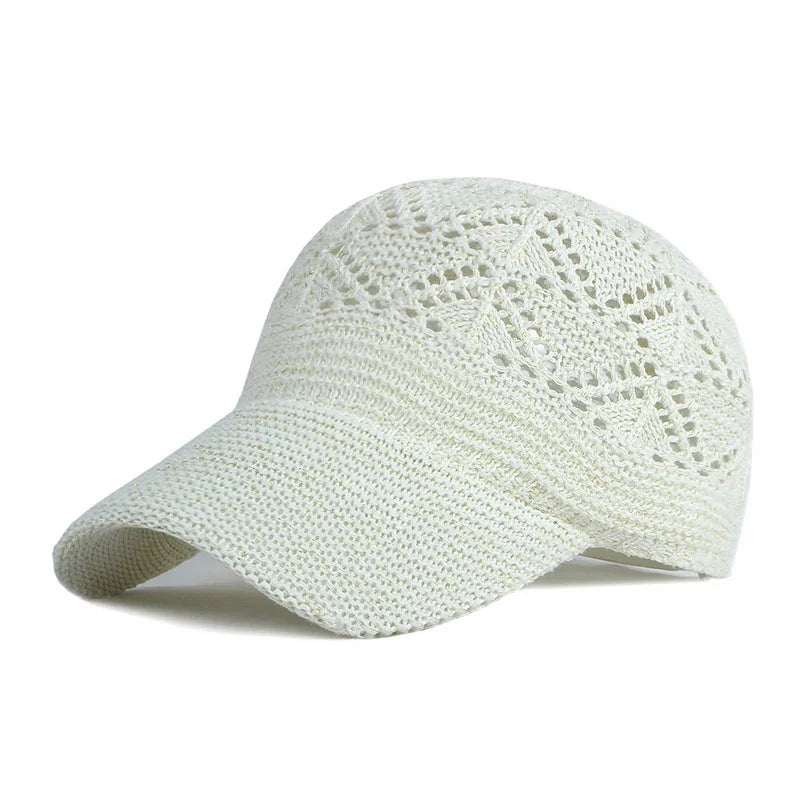 Versatile women's breathable mesh baseball cap. Adjustable knit sun hat for sports, travel, & summer fashion.