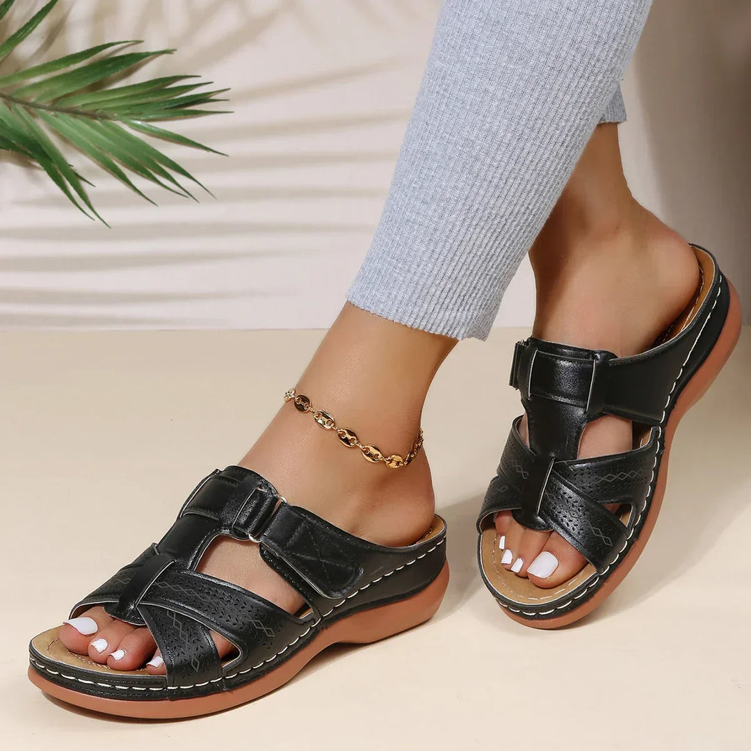 Fashionable women's summer sandals, a comfortable wedge design with orthopedic support.