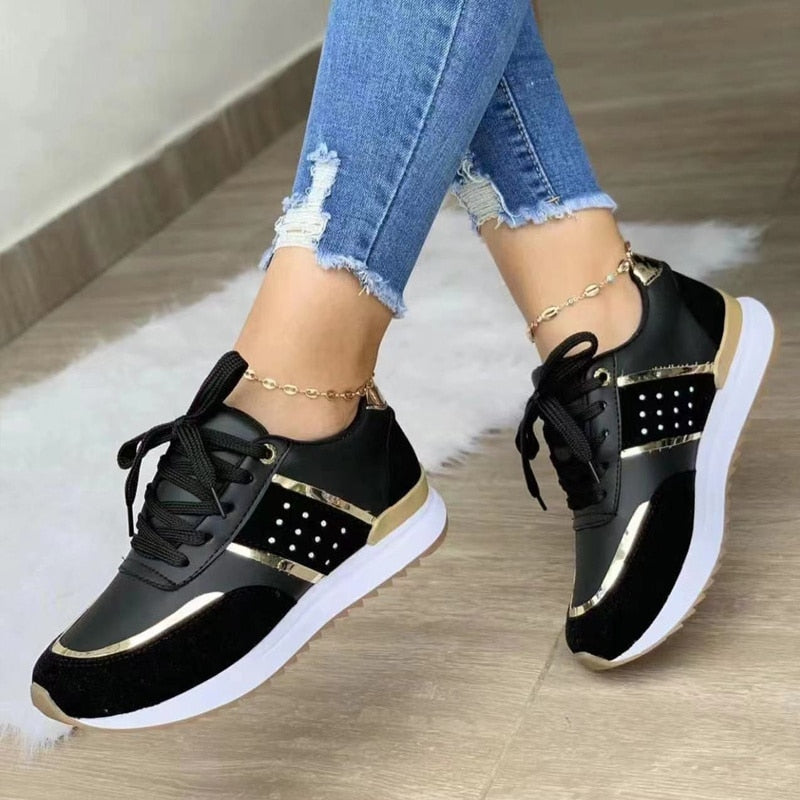 Women's Lace Up Platform Sneakers with Gold Detail