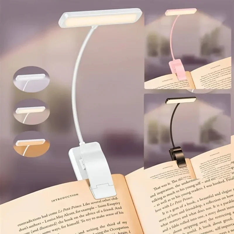 Portable USB rechargeable clip-on reading lamp with flexible neck & dimmable LED for travel & books.