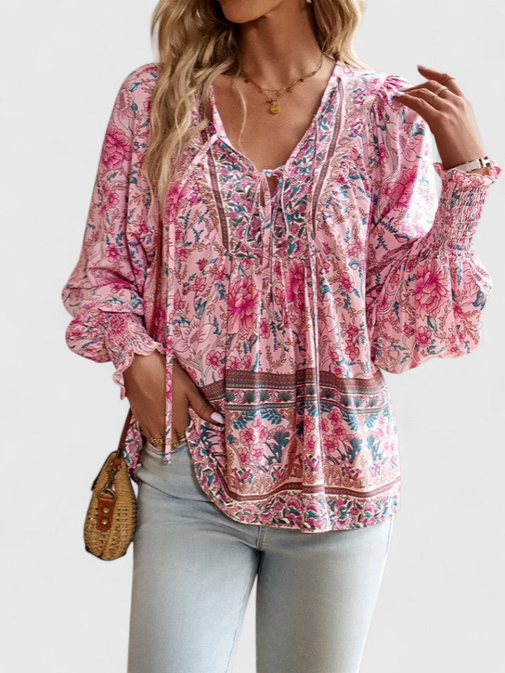 Women's Boho V-Neck Lace-Up Blouse