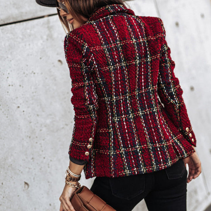 Classic women's checked double-breasted blazer, a versatile long-sleeve jacket for fall & winter style.