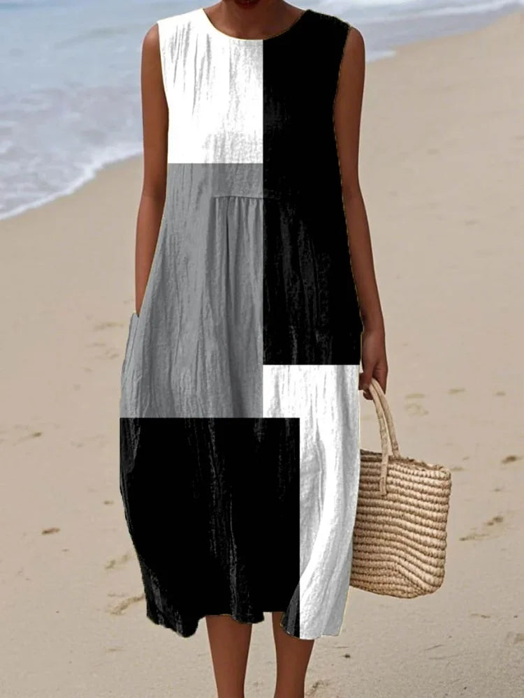 Modern women's elegant art print midi dress. Sleeveless, geometric design, suitable for casual & office fashion.