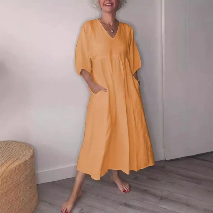 Lucy Casual V-Neck Midi Dress with Pockets