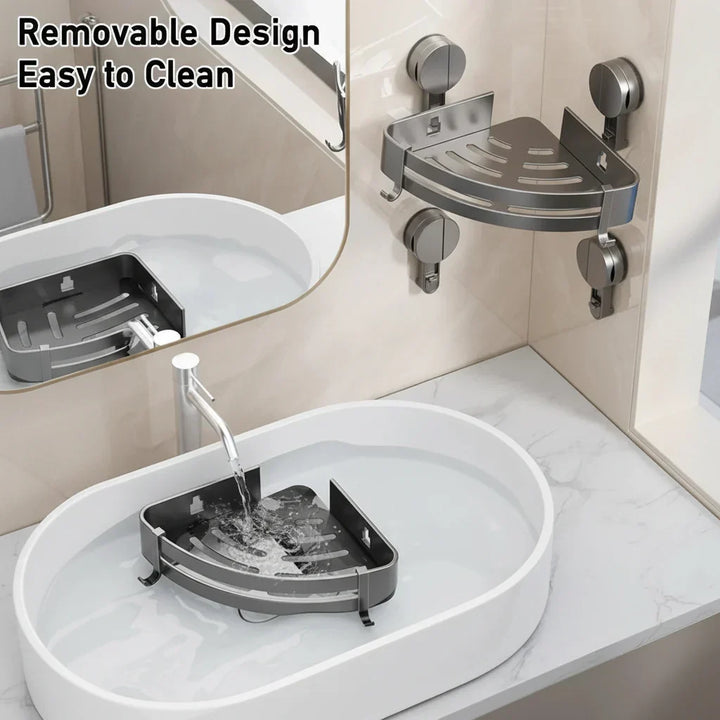 No-drill suction cup bathroom storage shelf for easy wall mounted home organization.