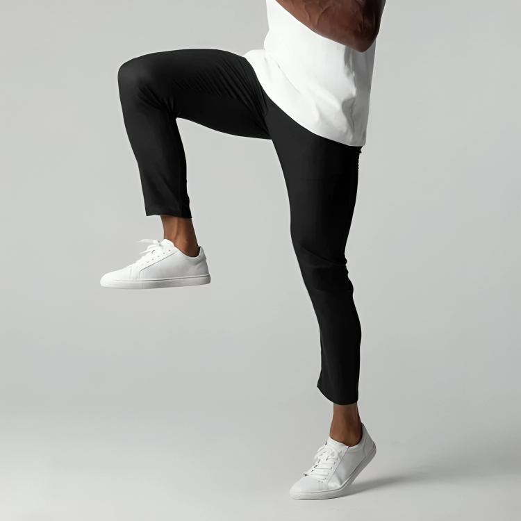 Stylish men's modern fit slim chinos, comfortable stretch pants for casual or smart-casual outfits.
