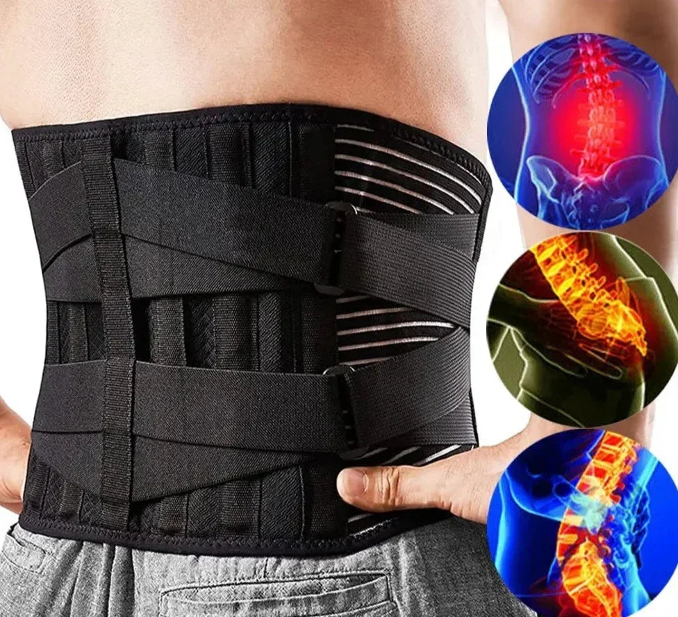 Unisex adjustable back support belt for daily pain relief, improving posture and lumbar comfort.