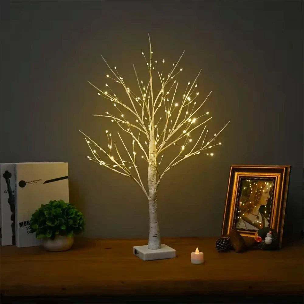 Warm white LED Nordic birch tree lamp, a perfect ambient light source & decorative accent for bedroom tables.