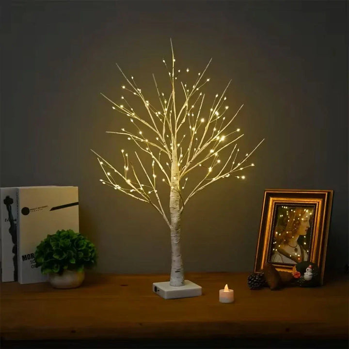Warm white LED Nordic birch tree lamp, a perfect ambient light source & decorative accent for bedroom tables.