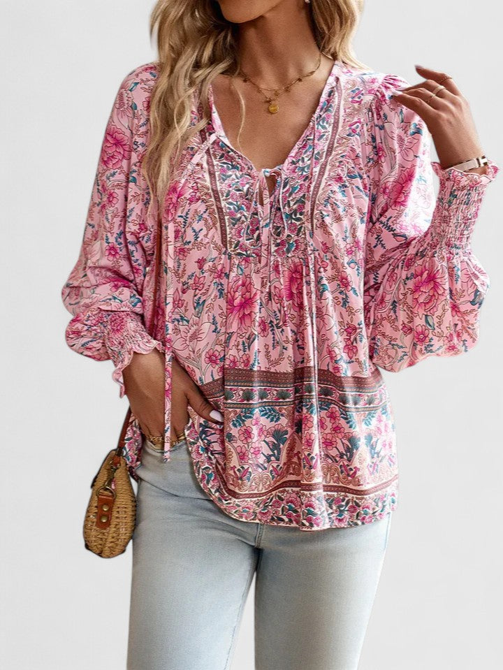 Women's Boho V-Neck Lace-Up Blouse