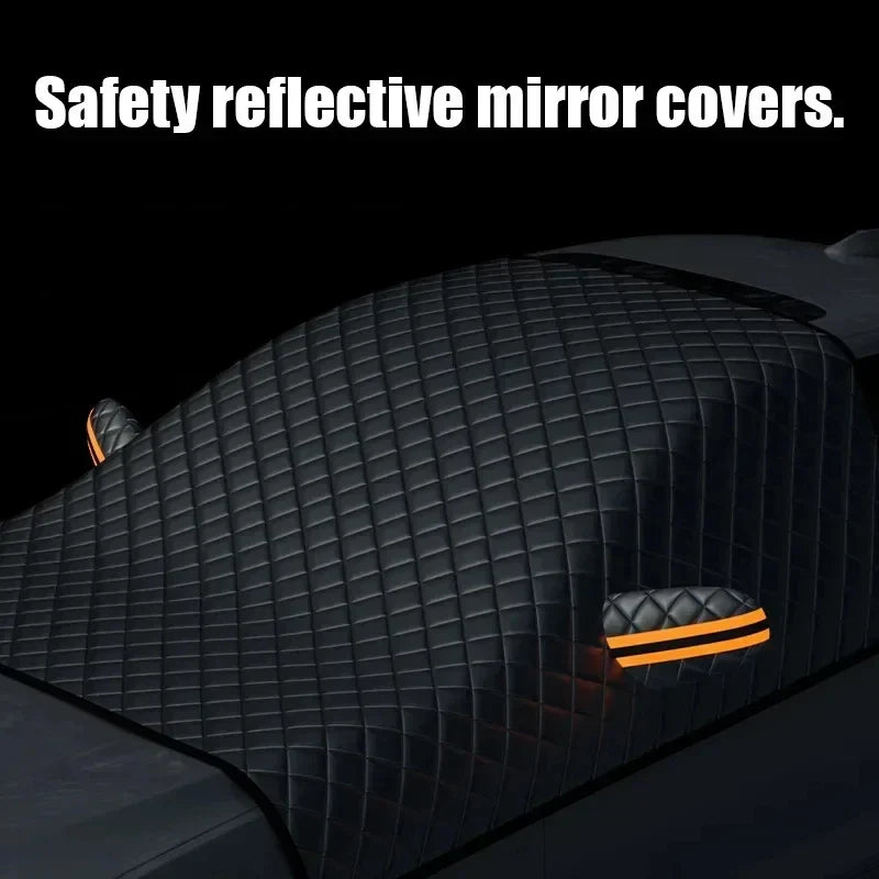 Easy-install FrostGuard magnetic car windshield cover for year-round defense against snow, ice, frost, & UV.