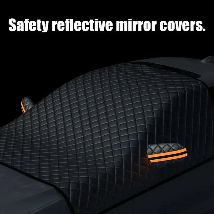 Easy-install FrostGuard magnetic car windshield cover for year-round defense against snow, ice, frost, & UV.