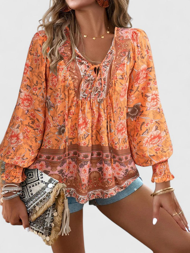 Women's Boho V-Neck Lace-Up Blouse