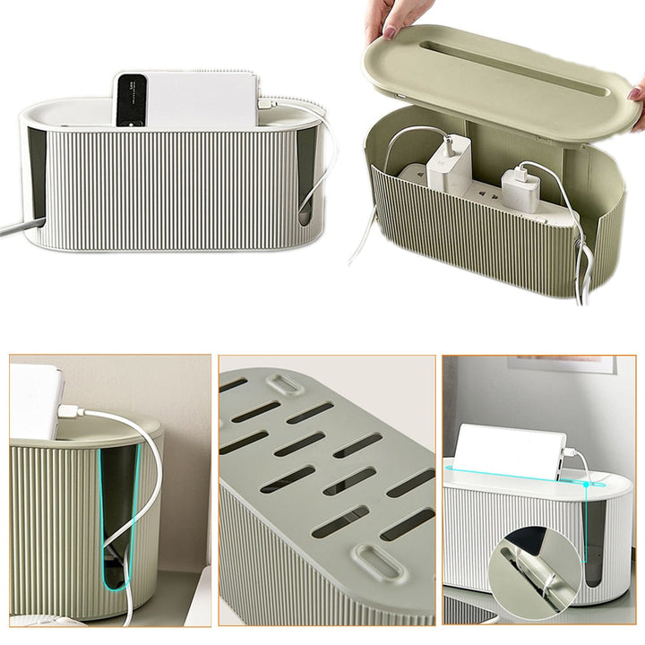 Two sleek cable organizer boxes, one with open lid, managing electronics in a home office setup.