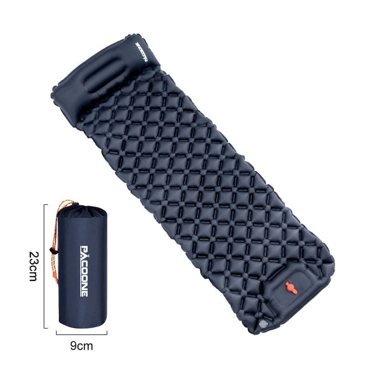 Portable inflatable camping pad with pump, ensures comfortable sleep in any weather.