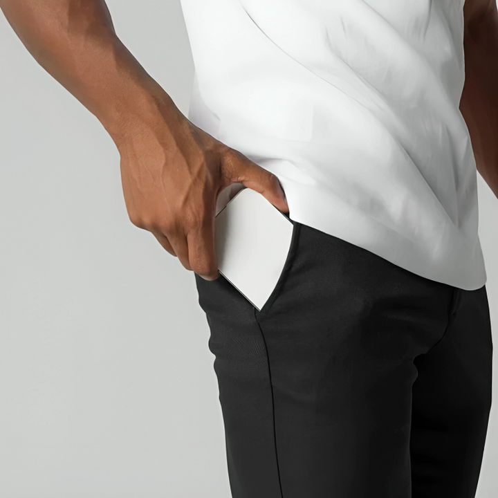 Dynamic comfort men's flex chinos, modern fit, perfect for active everyday wear and movement.