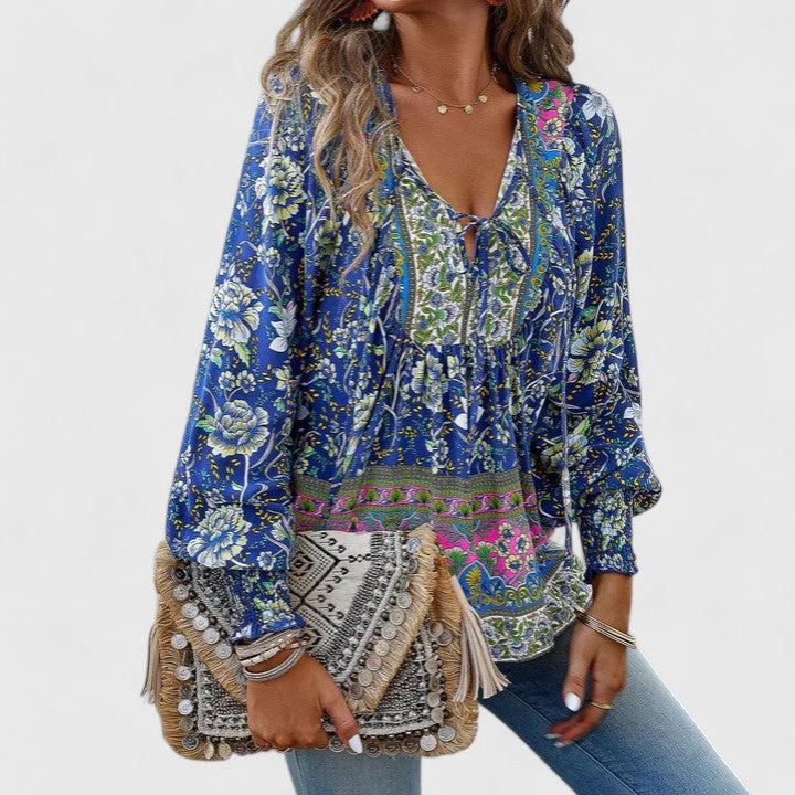 Women's Boho V-Neck Lace-Up Blouse