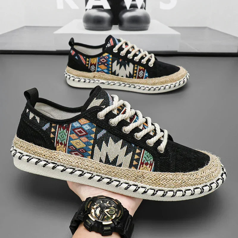 Men's comfortable walking shoes, vibrant Aztec print sneakers for a stylish, adventure-ready look.