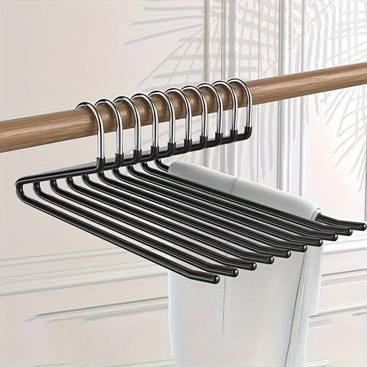 Open metal trouser hangers for space-saving closet organization. Sturdy, anti-rust design for pants, skirts & trousers.