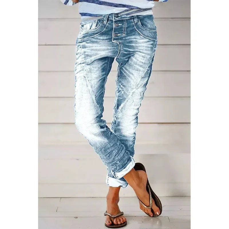 Flattering women's straight leg stretch pants. Comfortable for everyday wear with an elastic waist and relaxed fit.