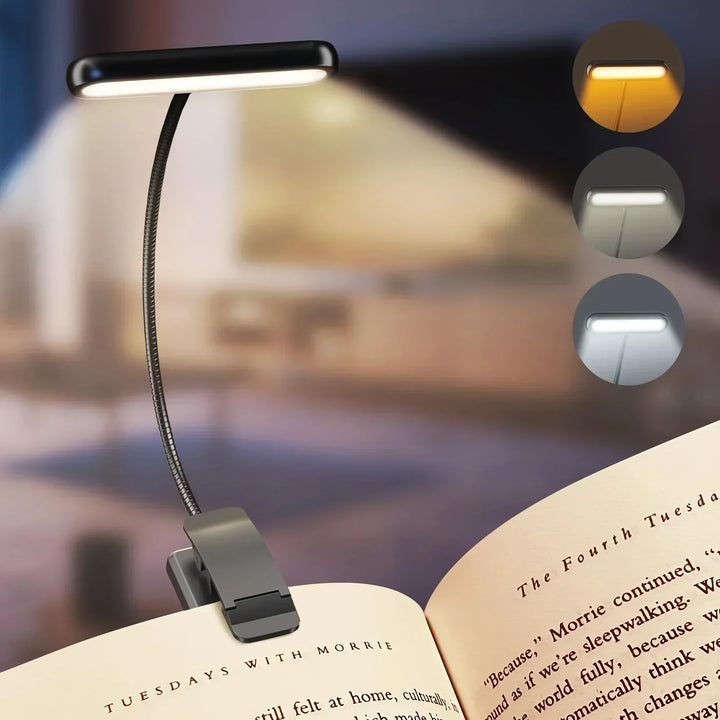 Flexible clip-on LED reading lamp for books & desks, USB rechargeable & dimmable eye-care light.