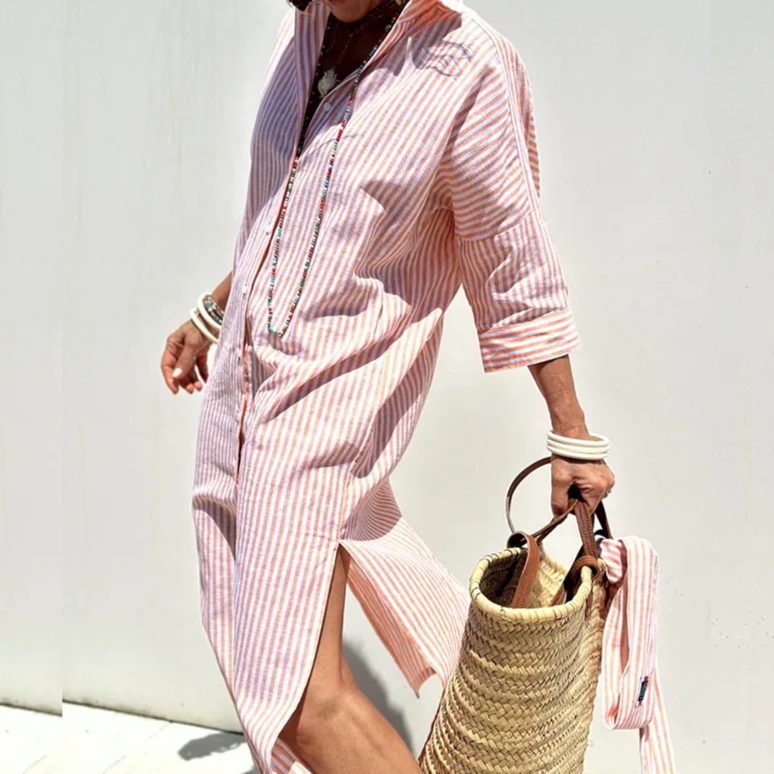 Women's button-down striped day dress, ideal for comfortable spring & summer fashion or office attire.
