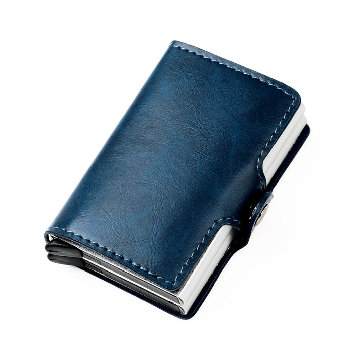 Close-up of a men's aluminum RFID wallet, showcasing the sleek design and double pop-up card mechanism.