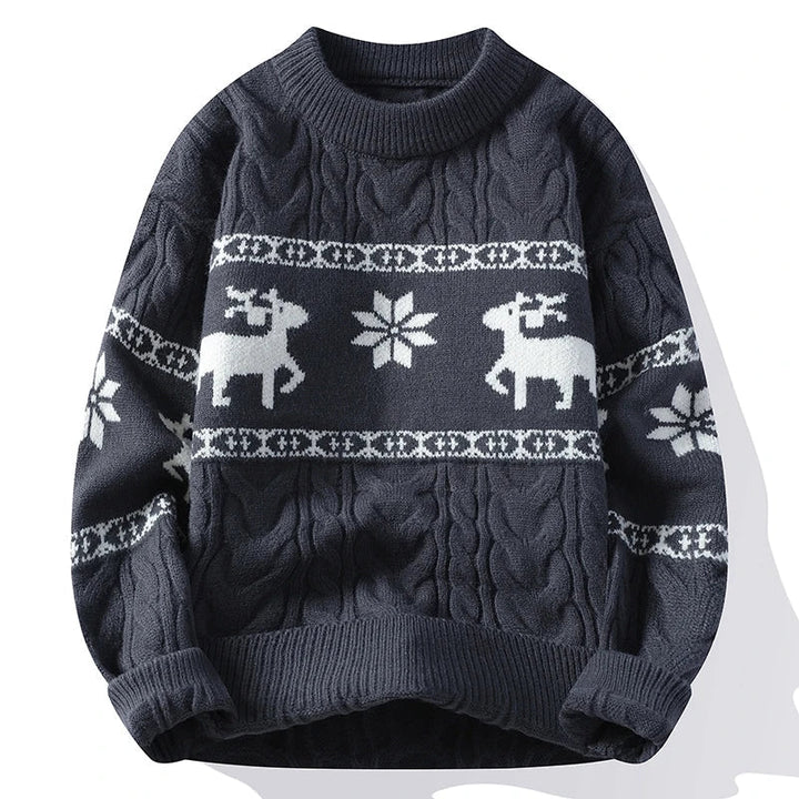 Warm men's winter sweater, thick knit, displaying a classic deer pattern. Essential for cold fashion.