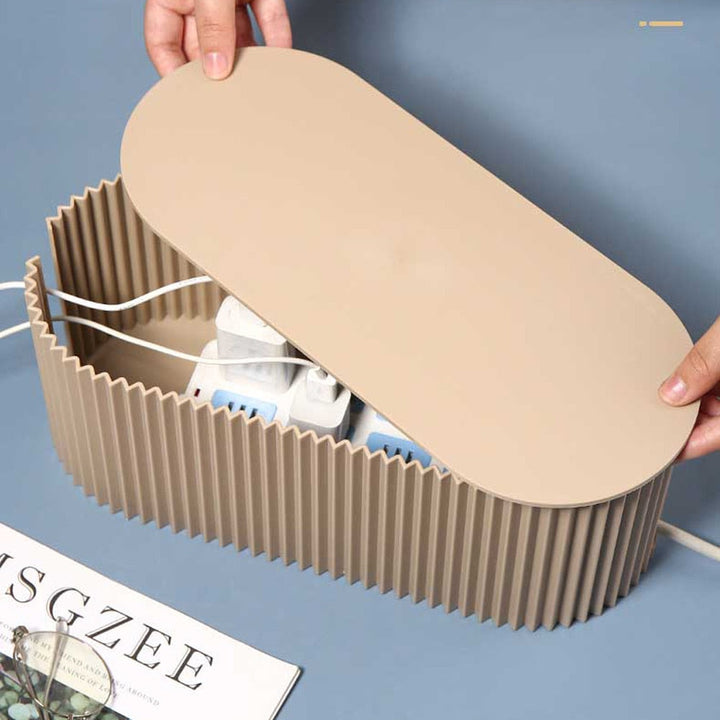 Clutter-free solution: two elegant cable management boxes keep home office desks neat & organized.