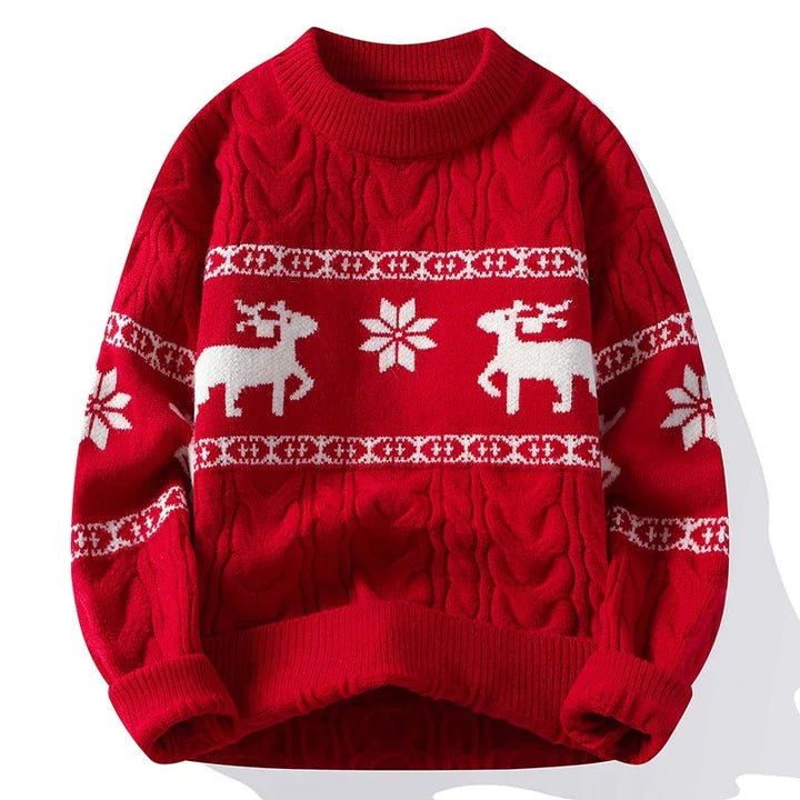 Men's apparel: a warm, thick winter sweater in classic style, featuring a festive deer design.