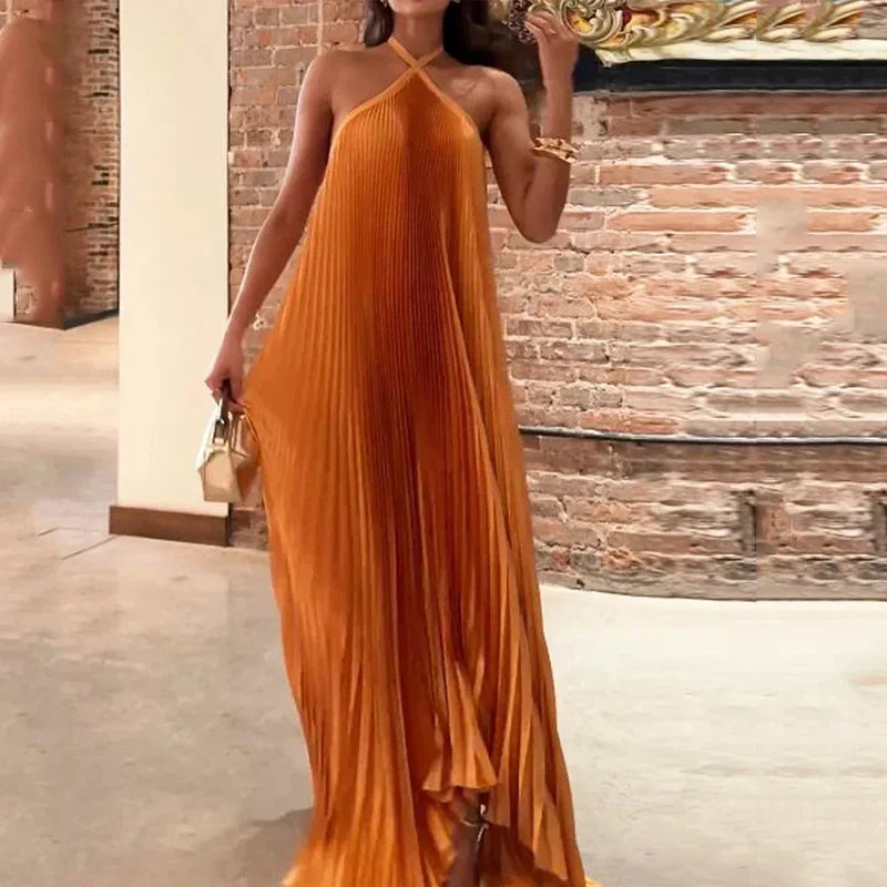 Women's Pleated Halter Neck Maxi Dress