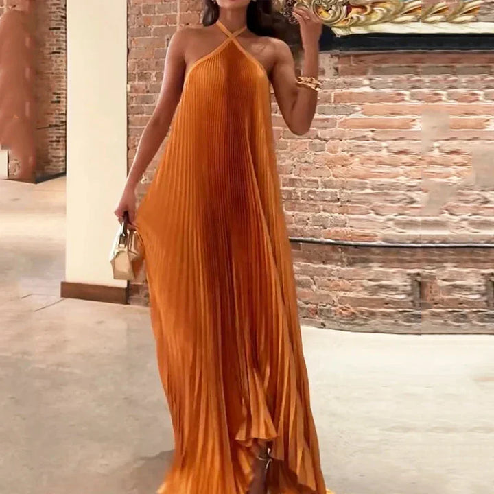 Women's Pleated Halter Neck Maxi Dress