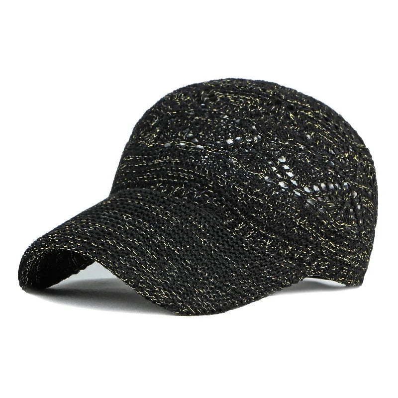 Women's knit baseball cap featuring breathable mesh panels. Adjustable sun hat for summer outdoor activities.