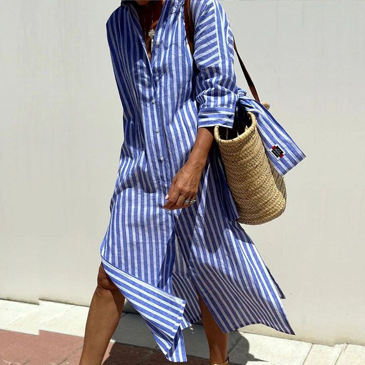 Stylish women's striped shirtdress, versatile for spring/summer, suitable for office wear or a casual day.